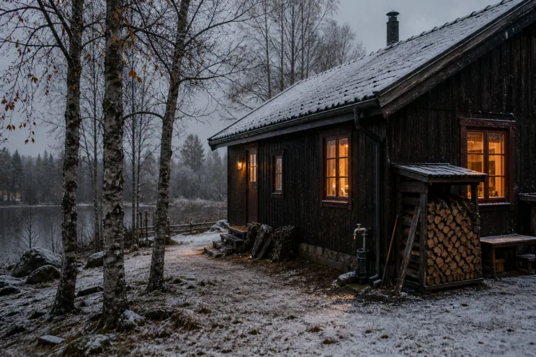 A Norwegian timber cabin prepared for the first winter snow