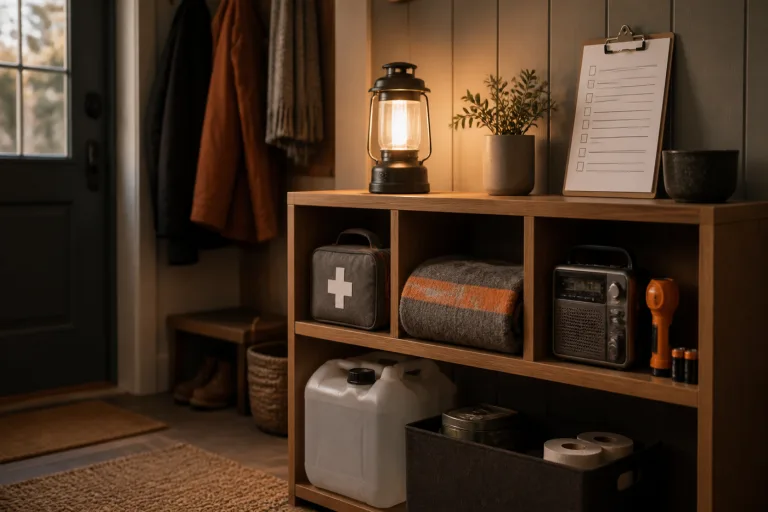 An organized household emergency shelf with first aid, radio, light, water, and a checklist