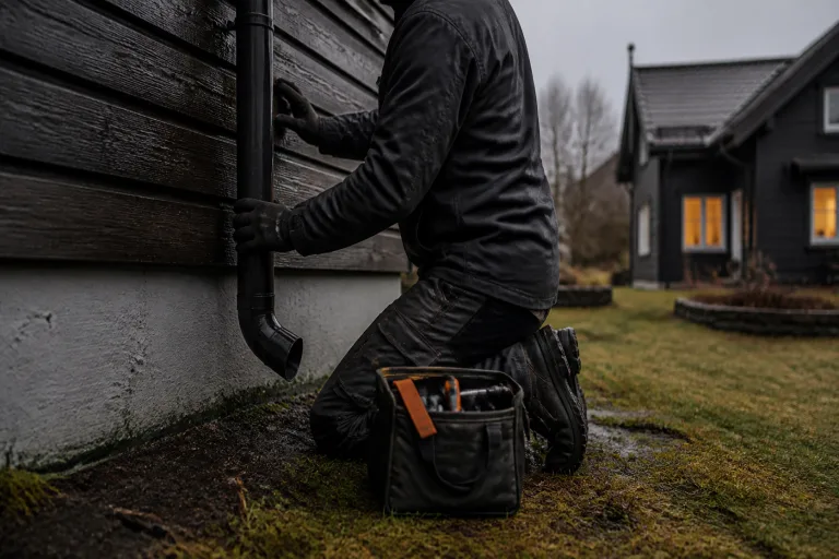 A tradesperson inspecting exterior drainage on a Norwegian home